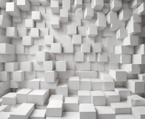 A 3D of a room filled with numerous white cubes, creating a visually striking and geometric pattern.