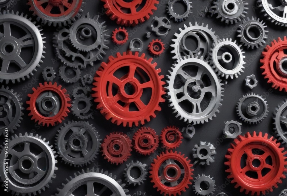 Poster A collection of red and silver gears arranged in a grid-like pattern against a black background.