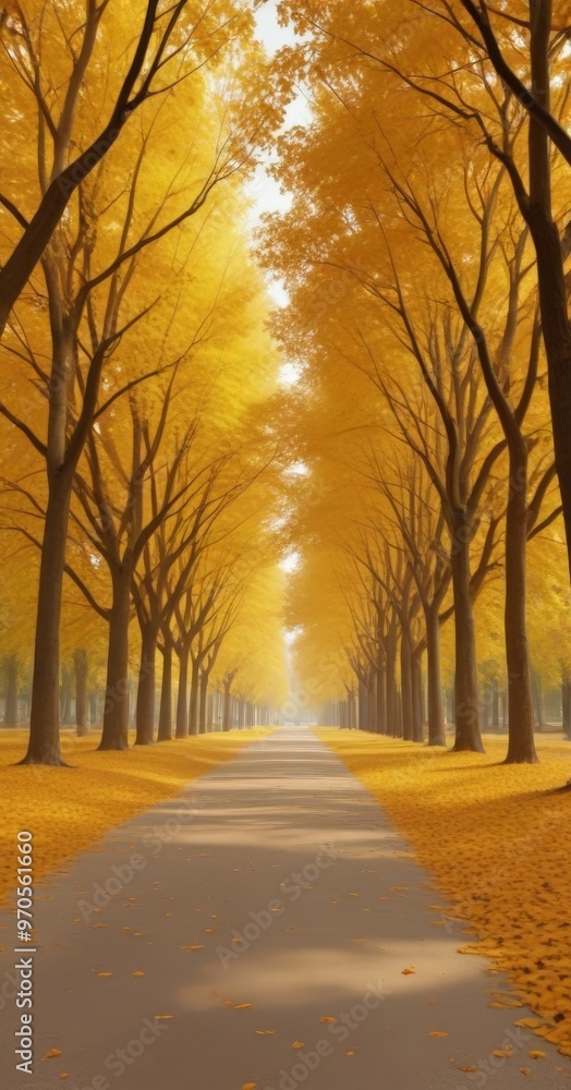 Poster a tranquil autumn scene unfolds on a tree-lined path, with a canopy of yellow leaves casting a warm 