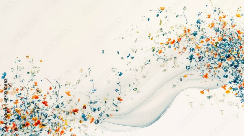 Poster swirling lines of tiny colorful floral patterns, flowing elegantly on a dynamic white-soft light pas