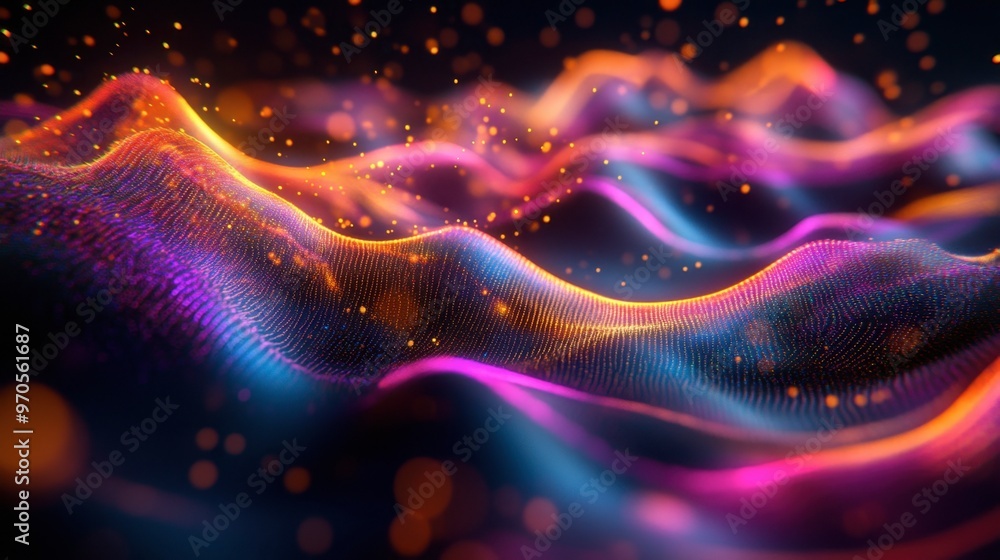 Poster a stunning 3d abstract design with multicolored waves and glowing particles, evoking a sense of digi