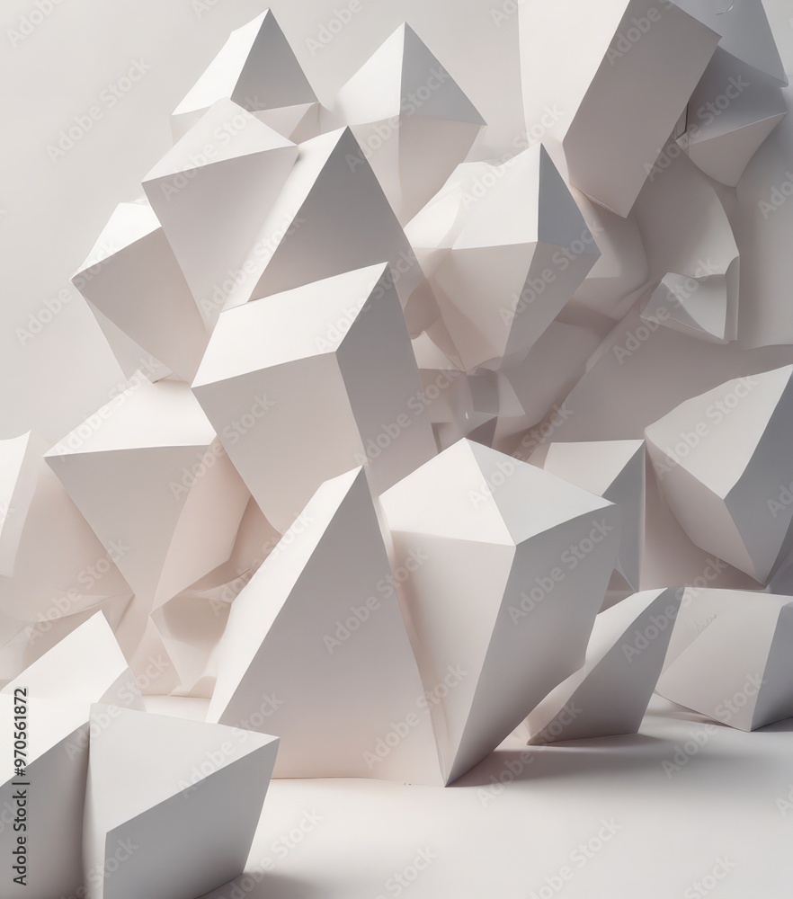 Poster the image presents a complex arrangement of white cubes, each with a unique shape and size, creating