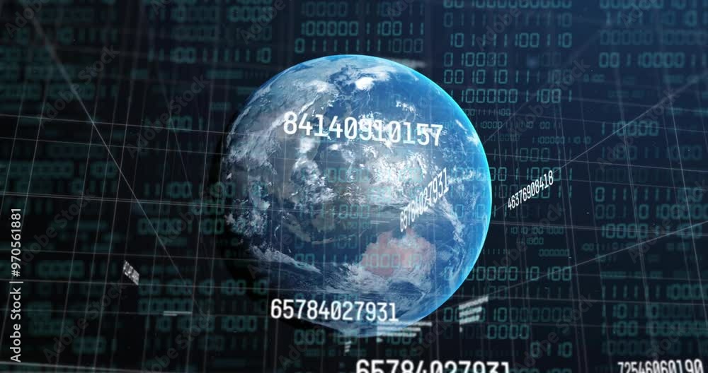 Poster rotating earth with binary code and numbers, representing global data processing