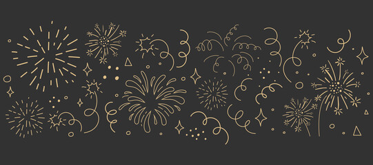 Confetti goden border doodle line drawing. Sketch burst with ribbon dots, firework explosion, firecracker. Celebration simple decor, party seamless holiday on dark background.