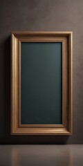 A wooden picture frame with a dark green blank canvas is mounted on a gray wall.