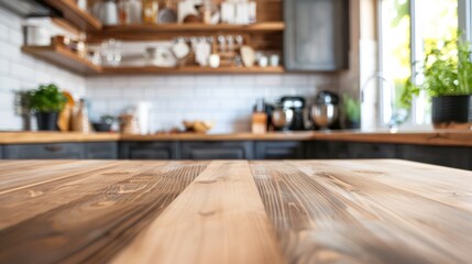 A cozy kitchen with wooden surfaces and shelves filled with kitchenware.
