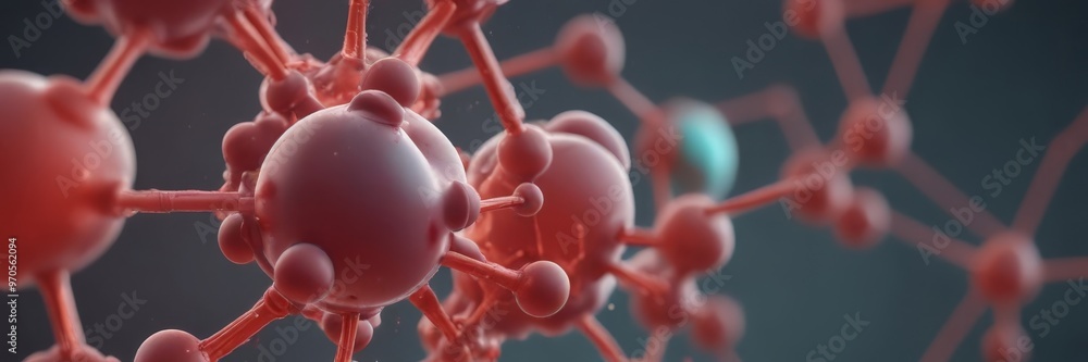 Aufkleber The image is a close-up of a 3D model of a molecule, with red spheres representing atoms and lines connecting them, set against a dark background.