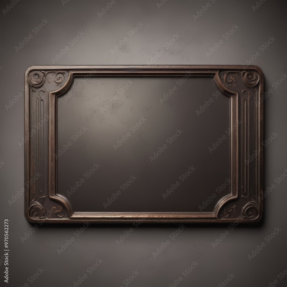 Poster A dark brown, ornate rectangular frame with a blank center is mounted on a gray wall.