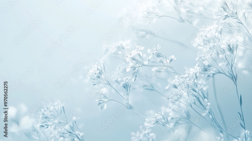 Poster swirling lines of tiny floral patterns gracefully flowing across a soft white-light blue background,
