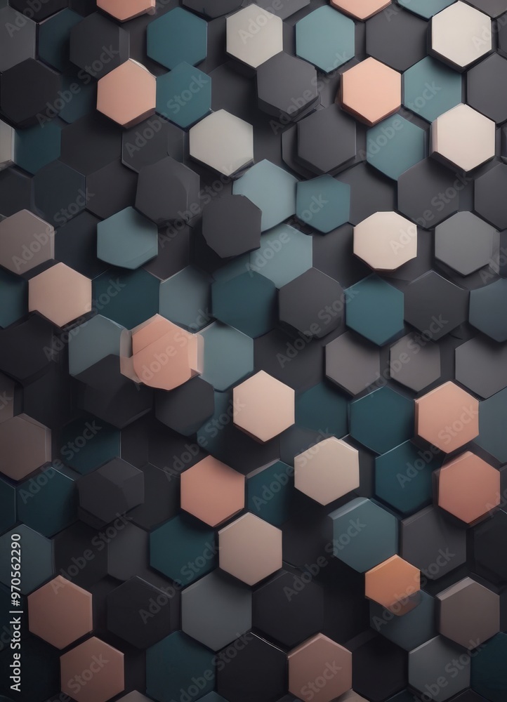 Poster The image presents a 3D of a pattern composed of numerous hexagonal shapes in various shades of blue, gray, and peach, arranged in a grid-like fashion against a dark background.