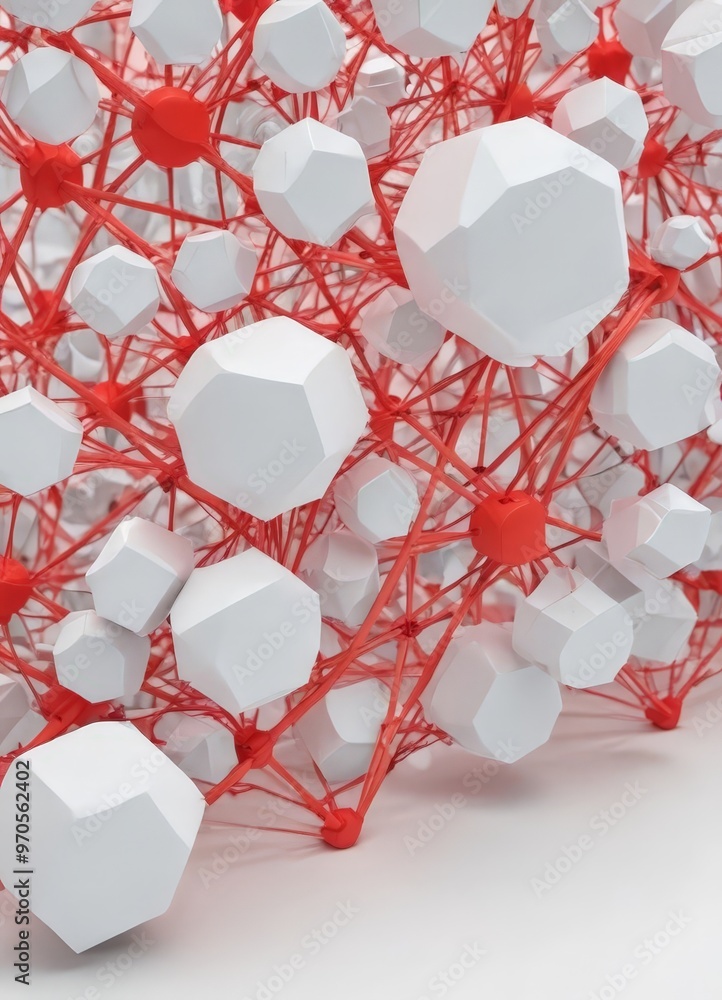 Poster a complex network of red and white cubes, resembling a 3d model or abstract sculpture. the cubes are