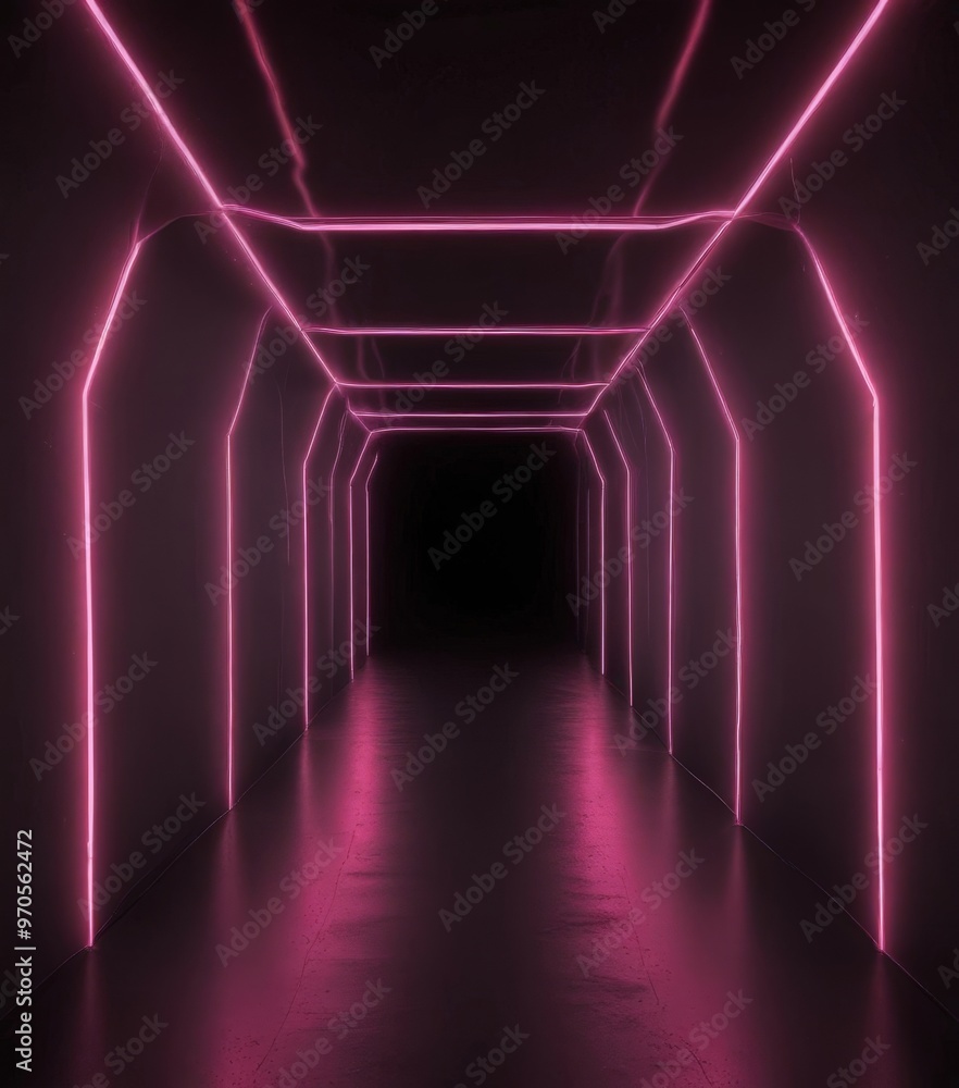 Poster a long, dark corridor with a series of curved, red neon lights lining the walls, creating a tunnel-l