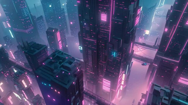 A digital Video of a futuristic cityscape with neon lights and sleek towers, A retro-futuristic city with neon lights and sleek, metallic buildings