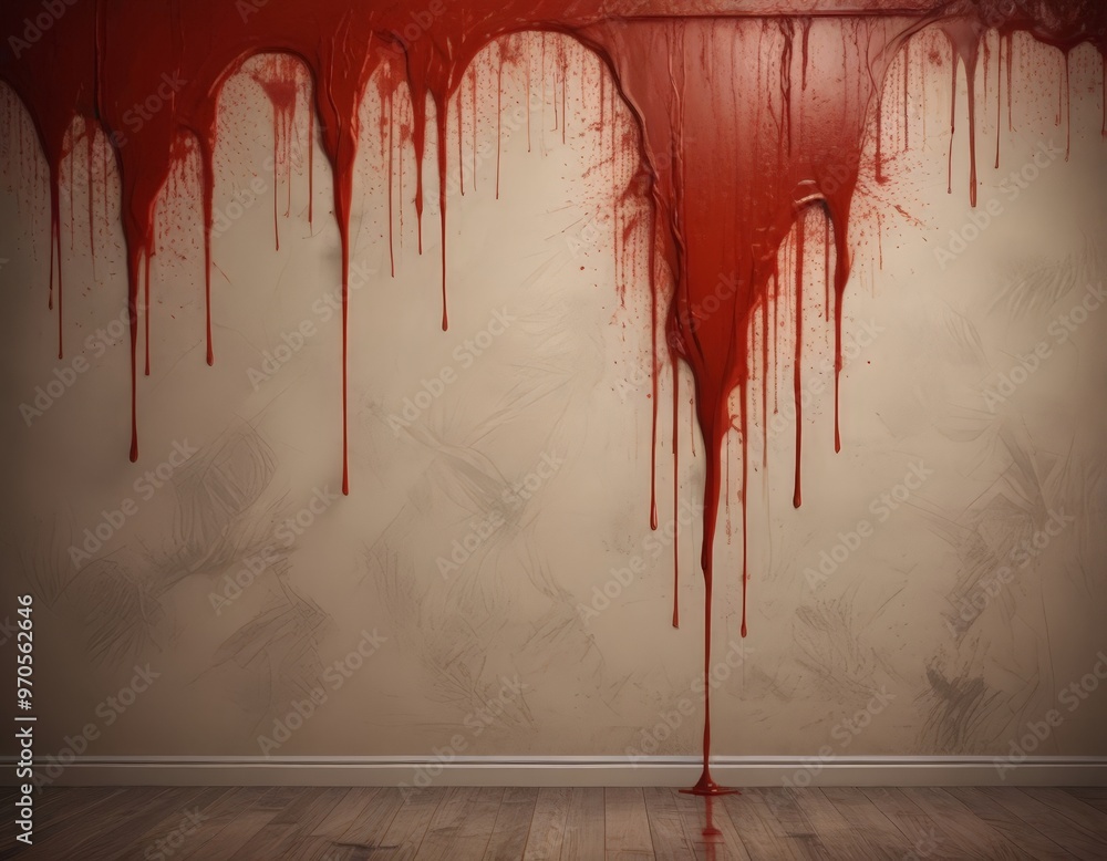Poster A dripping red paint creates a chaotic and ominous scene on a plain white wall, with the paint appearing to fall in a random pattern.