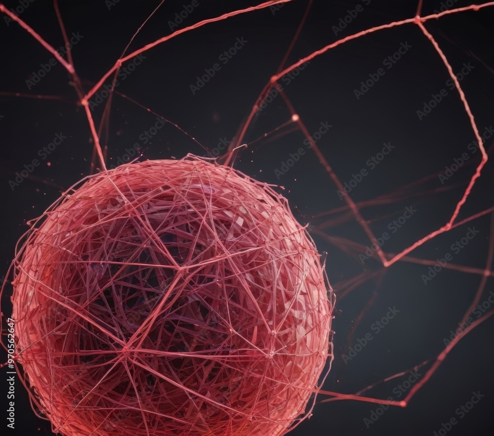 Leinwandbilder a close-up view of a red, spherical object with a complex network of thin, red lines extending from it, creating a striking visual effect against a dark background.