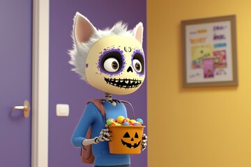 Cute Cartoon Cat in Halloween Costume Holding Candy Bucket