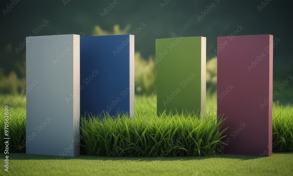 Poster four rectangular blocks in different colors (white, blue, green, and red) stand in a grassy field, w