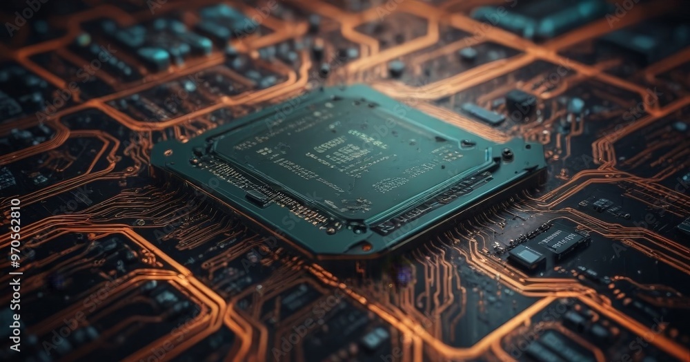 Aufkleber A close-up view of a computer chip on a circuit board, with intricate orange and black traces and components.