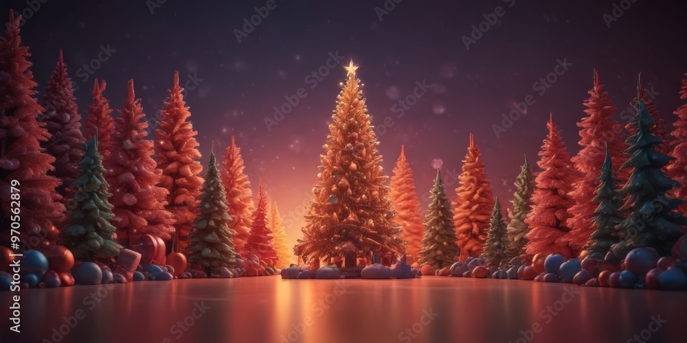 Poster a digital illustration of a christmas tree surrounded by a forest of colorful trees, with a glowing 