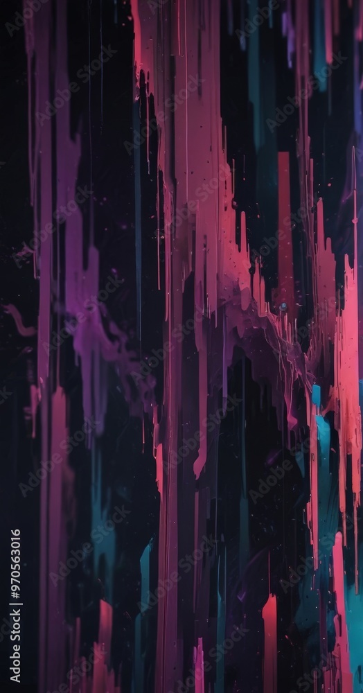 Leinwandbilder The image is a digital art piece featuring a chaotic, abstract pattern of vertical lines and shapes in various shades of pink, purple, and blue, creating a sense of movement