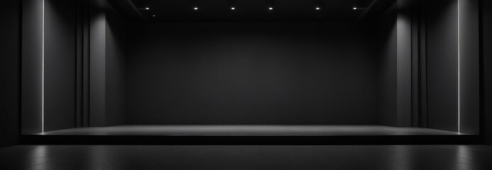 A dimly lit, empty stage with a black floor and walls, featuring a single spotlight on the right side.