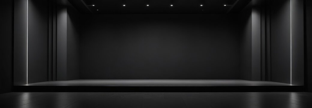 A dimly lit, empty stage with a black floor and walls, featuring a single spotlight on the right side.