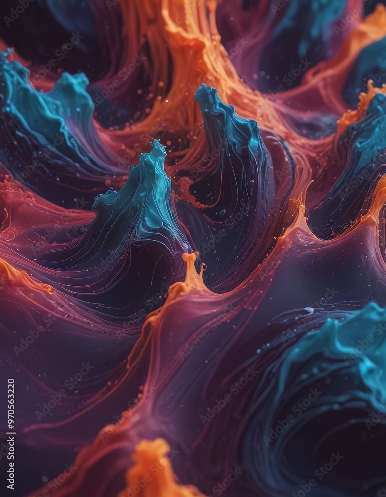 Poster the image is a digital art piece featuring abstract, swirling patterns in shades of blue, orange, an