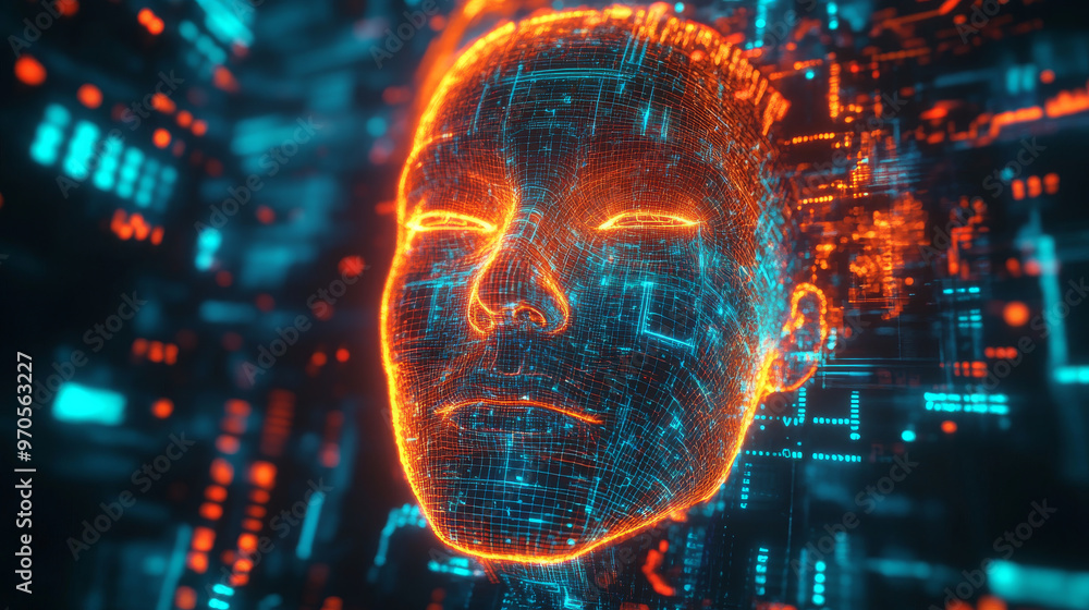 Poster glowing face appears in a futuristic digital world. represents the idea of artificial intelligence a