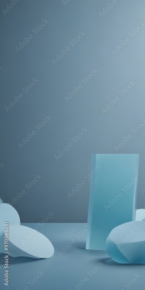 Aufkleber a minimalist scene with a blue-green color palette, featuring a rectangular object, two spherical ob