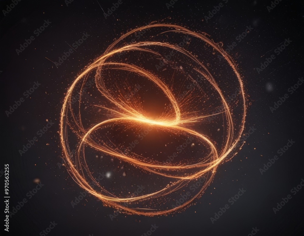 Aufkleber a dynamic, abstract representation of a particle in motion, with a bright orange glow emanating from the center, surrounded by swirling lines and particles.