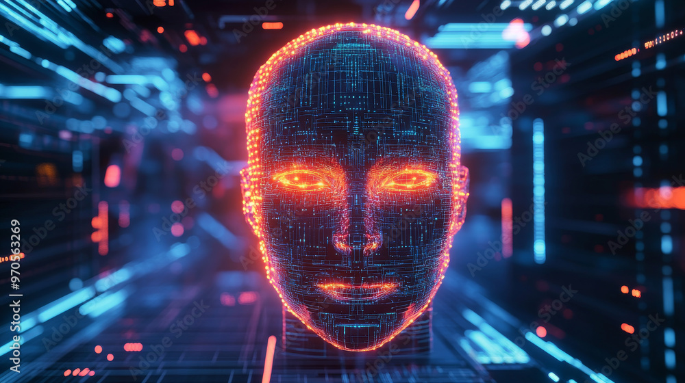 Poster glowing face appears in a futuristic digital world. represents the idea of artificial intelligence a