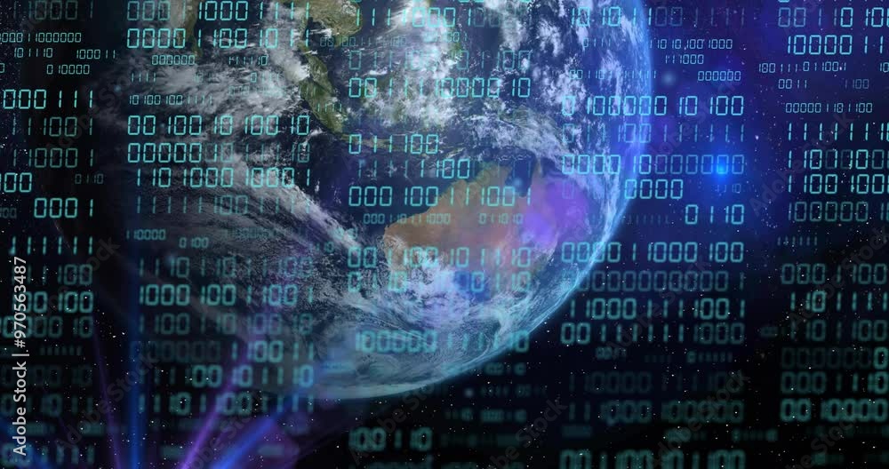 Poster binary code and data processing over earth in space, digital technology concept