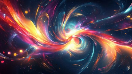 A stunning 3D abstract design with swirling multicolor patterns and bright light effects on a dark background.