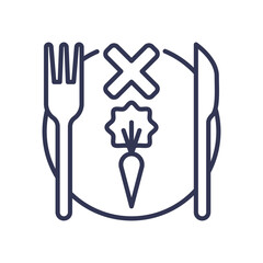 Illustration of a plate with a fork, knife, carrot, and an 'X' symbolizing decreased appetite.