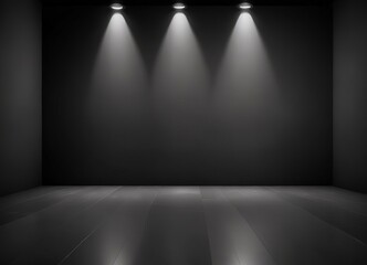 Obraz premium Three spotlights shine down on a dark, empty room with a wooden floor.