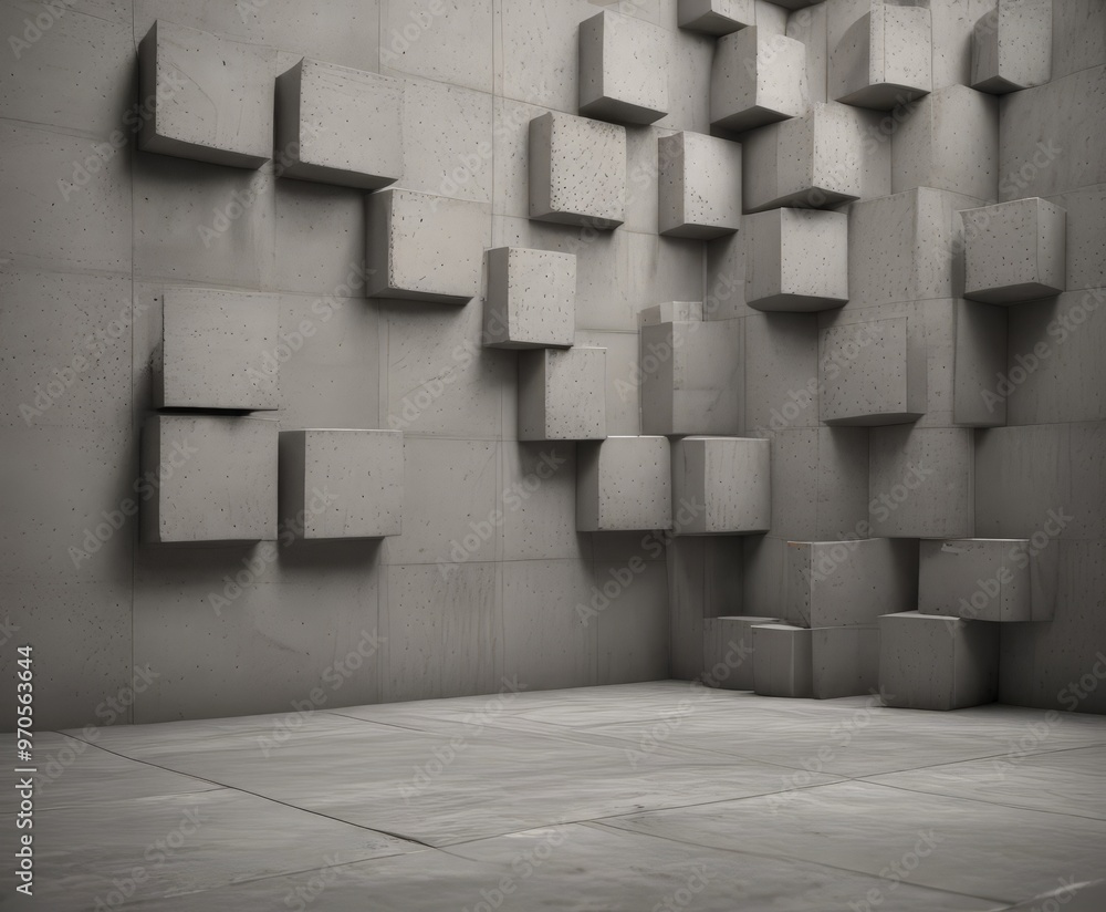Poster a monochromatic image of a room with a geometric pattern of cubes on the wall, creating a sense of d