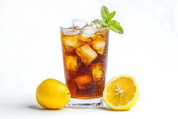Fototapeta premium ice tea with lemon and mint isolated on white background