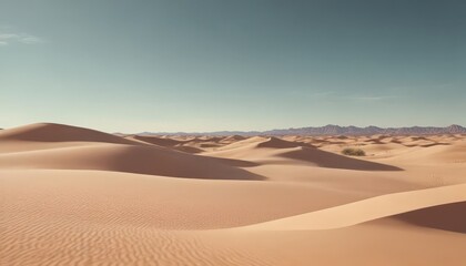 A vast expanse of sand dunes stretches across the desert, with a few distant mountains visible in the background under a clear blue sky.