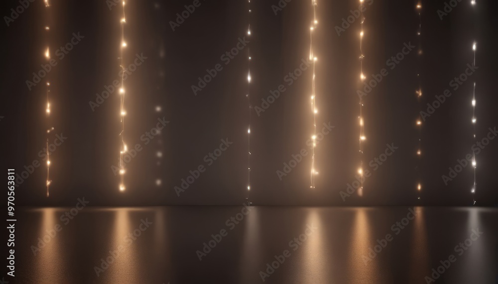 Poster A dark room with a reflective floor, illuminated by a series of lights arranged in a vertical line, creating a warm and cozy atmosphere.