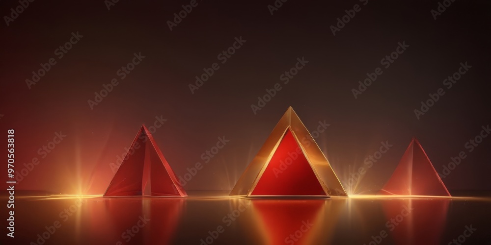 Poster Three pyramids of varying sizes and colors stand on a reflective surface, illuminated by a warm glow that casts a dramatic shadow on the dark background.