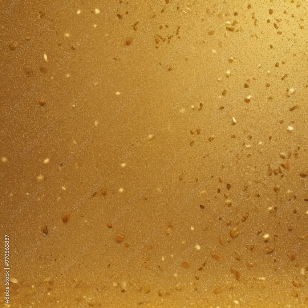 Poster a close-up view of a textured surface with small, irregularly shaped objects in a golden color, resembling a speckled or speckled pattern.