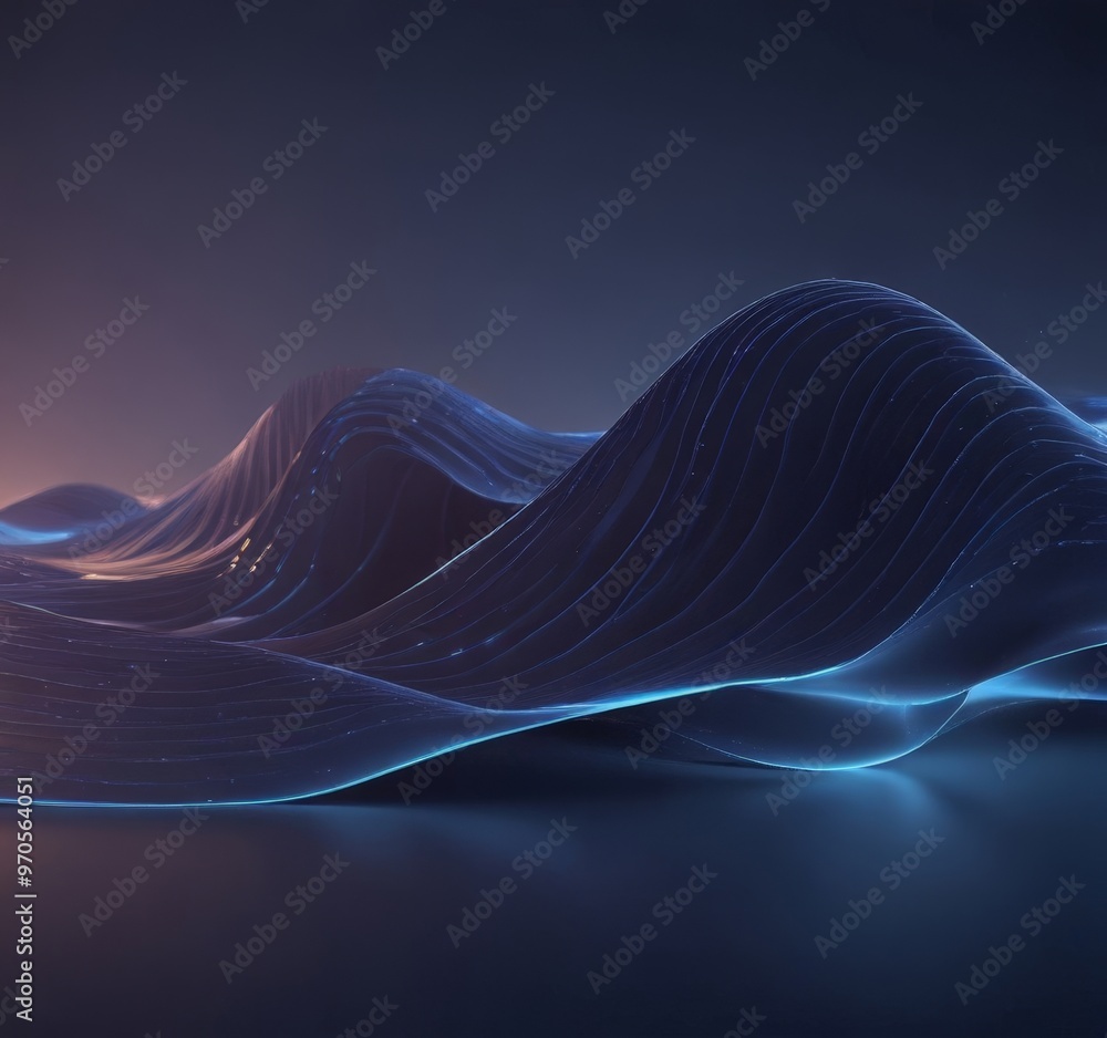 Poster a wave-like pattern with a gradient of blue and purple hues, creating a sense of movement and fluidity. The wave appears to be composed of lines and curves, suggesting a