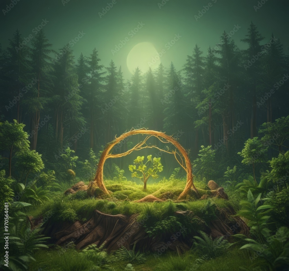 Fototapete a glowing moon casts a soft light over a forest scene, illuminating a tree with a twisted trunk and 
