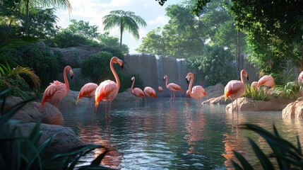 Design a serene scene of flamingos standing gracefully in a pond, adding a splash of pink to the zoo landscape