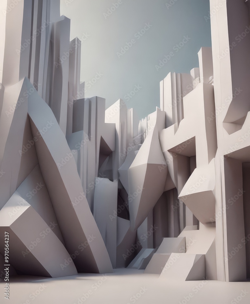 Leinwandbilder a futuristic cityscape composed of geometric, angular structures in a monochromatic color scheme, with a clear blue sky in the background.