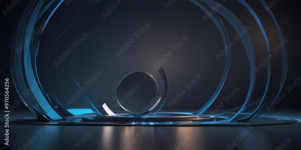 Poster a futuristic stage with a circular platform and a silver sphere, set against a dark background with blue and white lights.