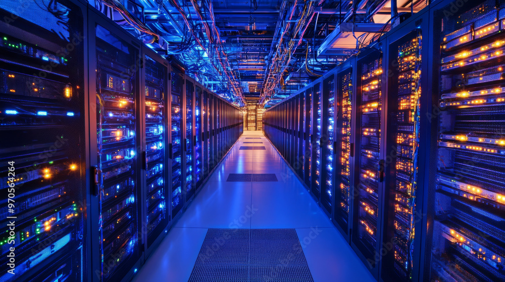Poster inside a server room, rows of computer racks store and manage digital information. these racks are c