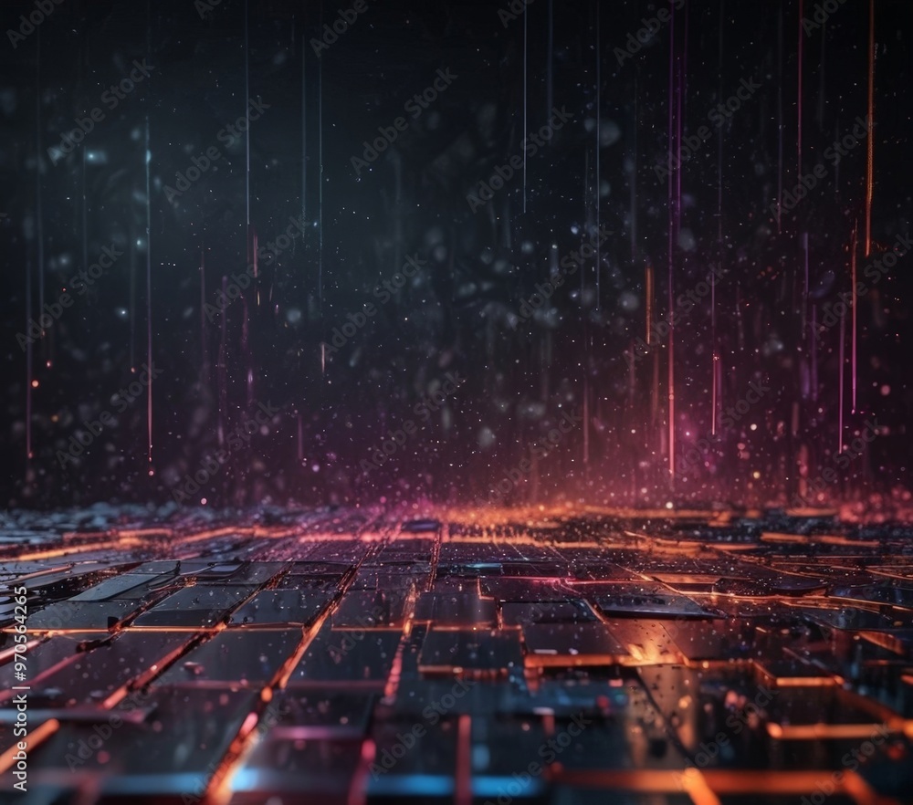 Poster The image presents a futuristic cityscape, with a grid-like pattern of glowing, metallic squares in shades of orange and blue, set against a dark background. The squares