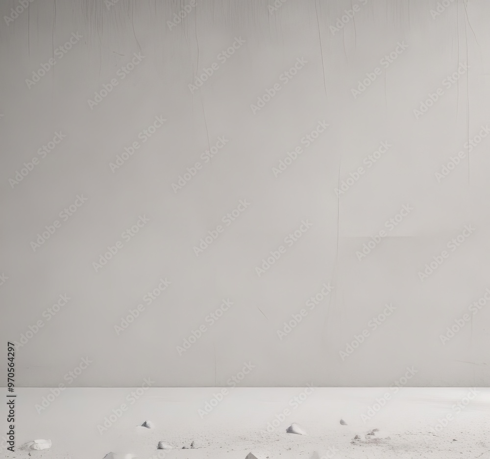 Poster a white wall with a few small rocks scattered on the floor in front of it.