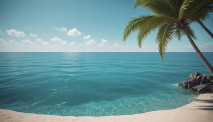 Fototapeta premium A serene tropical beach scene features a clear blue ocean, a sandy shore, and a palm tree with lush green fronds.